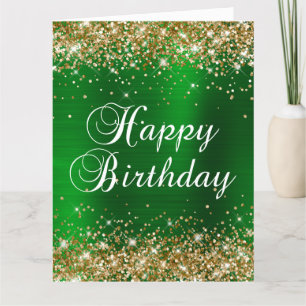 Cartão Feliz Aniversário Grande Brilho Dourado Verde Folh