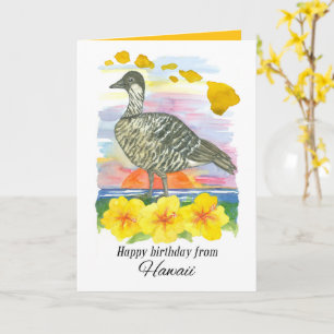 Cartão Feliz Aniversário Havaí Pássaro Nene Aquarela Pôr 