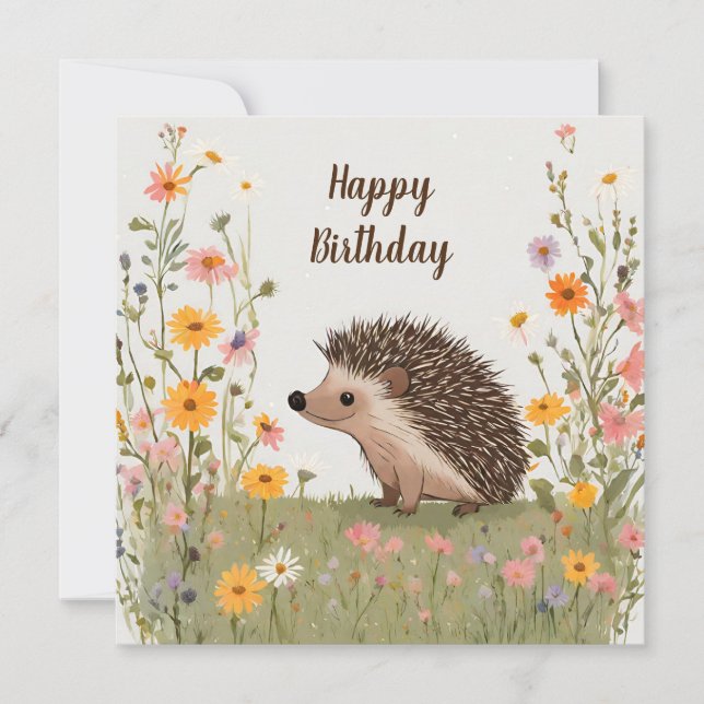 Cartão Feliz Aniversário Hedgehog e flores selvagens Natu (Frente)