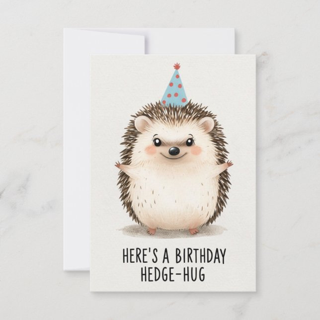 Cartão Feliz Aniversário Hedgehog Hug com Chapéu de Parti (Frente)