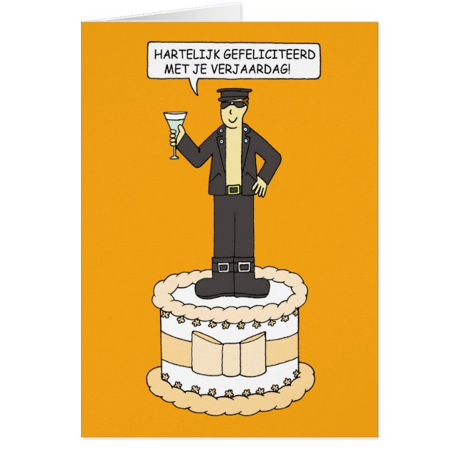 Cartão Feliz aniversario holandês, homem dos desenhos (Frente)