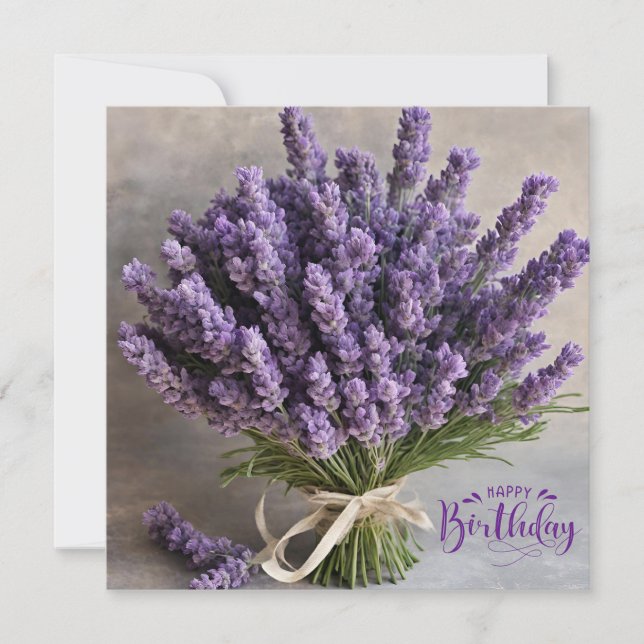 Cartão Feliz aniversário Lavanda Roxo Buquê Flores (Frente)
