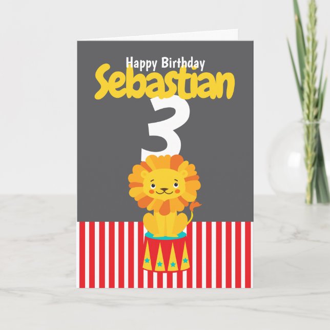 Cartão Feliz Aniversário, Leão Fofo Personalizado Idade E (Frente)