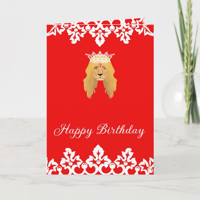 Cartão feliz aniversário, leão rei, coroa branca (Frente)