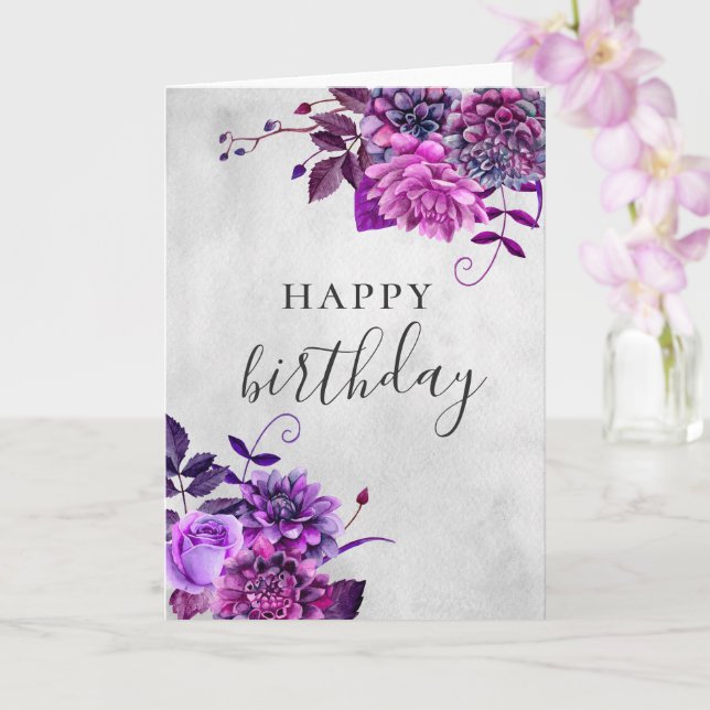 Cartão Feliz aniversário. Lilac floral roxo de aquarela (Orquídea)