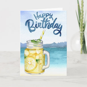 Cartão Feliz Aniversário Limonada Aquarela Praia