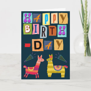 Cartão Feliz aniversário Llama Retro Letras de Papel