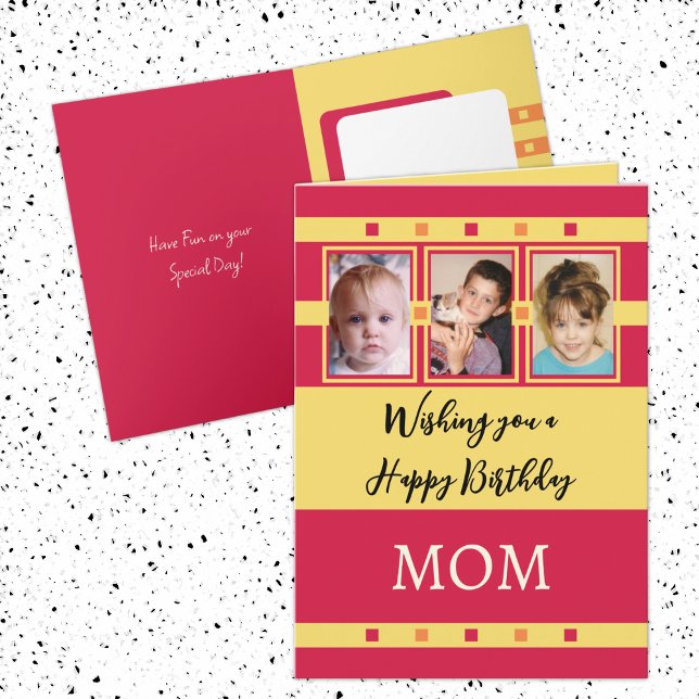 Cartão Feliz Aniversário Mãe adiciona 3 fotos vermelhas (Criador carregado)