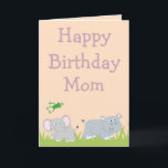 Cartão Feliz aniversário Mãe Elefante e dentro de fotos d<br><div class="desc">O cartão de aniversário perfeito para a mãe, este item apresenta um fundo de pêssego com grama verde, frente verde, e gráficos de elefante e hipopótamo. "Feliz Aniversário Mãe" está escrito em lindas fontes roxas. No dentro é um lugar para inserir a foto da sua família. Personalize o seu hoje!...</div>