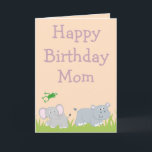 Cartão Feliz aniversário Mãe Elefante e dentro de fotos d<br><div class="desc">O cartão de aniversário perfeito para a mãe, este item apresenta um fundo de pêssego com grama verde, frente verde, e gráficos de elefante e hipopótamo. "Feliz Aniversário Mãe" está escrito em lindas fontes roxas. No dentro é um lugar para inserir a foto da sua família. Personalize o seu hoje!...</div>