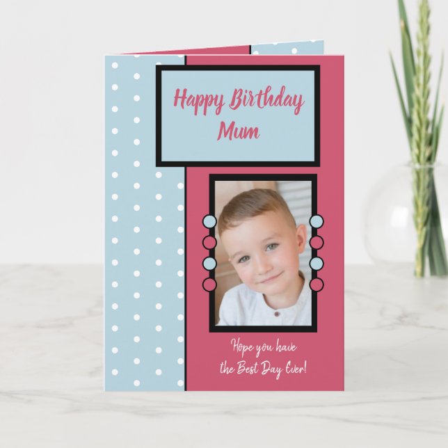 Cartão Feliz aniversário Mãe rosa e azul (Frente)