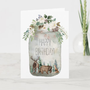 Cartão Feliz Aniversário Mason Jar Woodland Floresta Flo