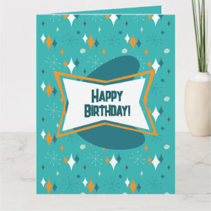 Cartão Feliz Aniversário, MCM Atomic Starburst Azul Turqu