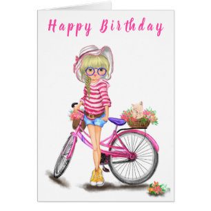 Cartão Feliz Aniversário - Menina Loura Bonita com Bicic