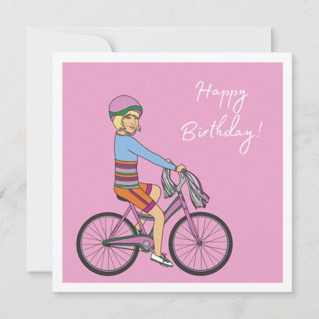 Cartão Feliz aniversário - Menina numa bicicleta rosa (Frente)