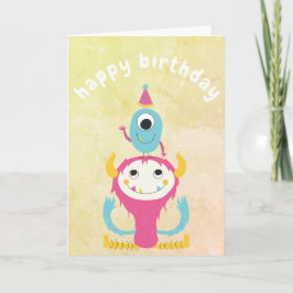 Cartão Feliz Aniversário Monstros Rosa Azul