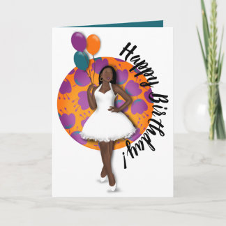 Cartão Feliz aniversário! Mulher Negra, Balões e Flores
