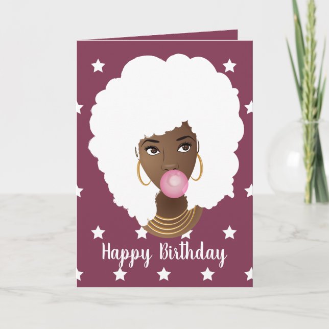 Cartão Feliz aniversário! Mulher Negra, Cabelo Branco e E (Frente)