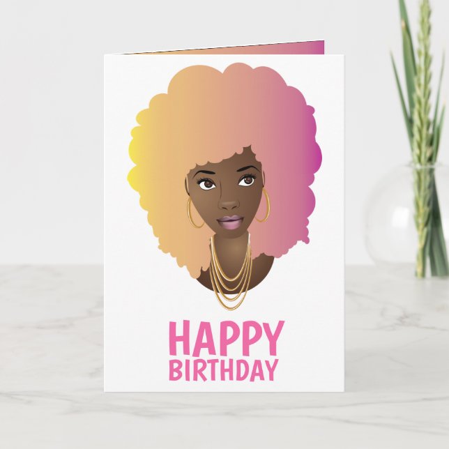 Cartão Feliz aniversário! Mulher Negra, Cabelo Colorido (Frente)