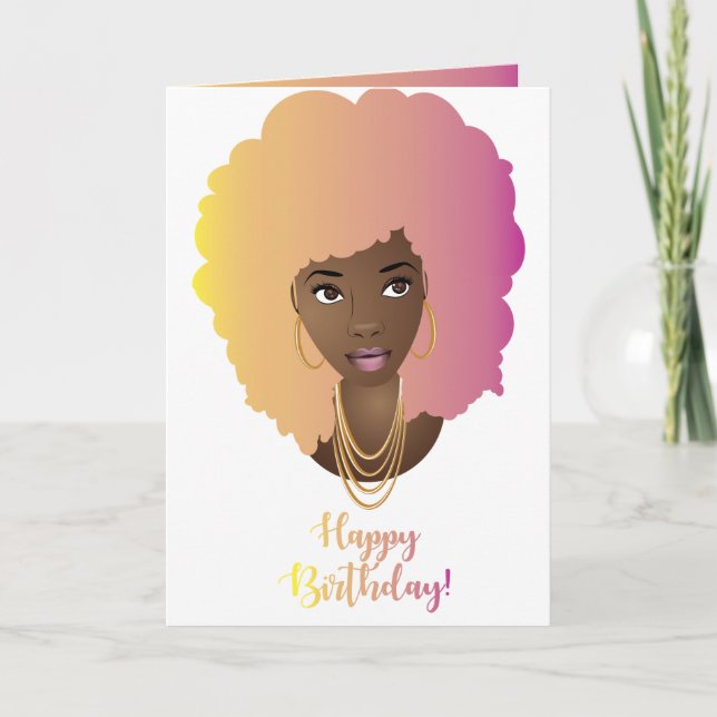 Cartão Feliz aniversário! Mulher Negra, Cabelo Colorido (Frente)