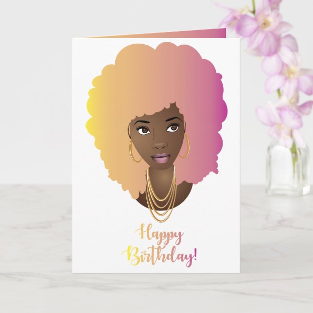 Cartão Feliz aniversário! Mulher Negra, Cabelo Natural Co (Orquídea)