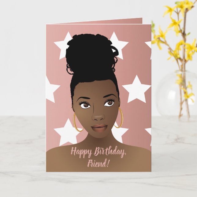 Cartão Feliz aniversário! Mulher Negra, Estrelas Brancas, (Flor Amarela)