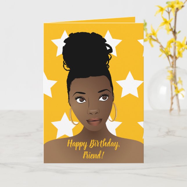 Cartão Feliz aniversário! Mulher Negra, Estrelas Brancas, (Flor Amarela)