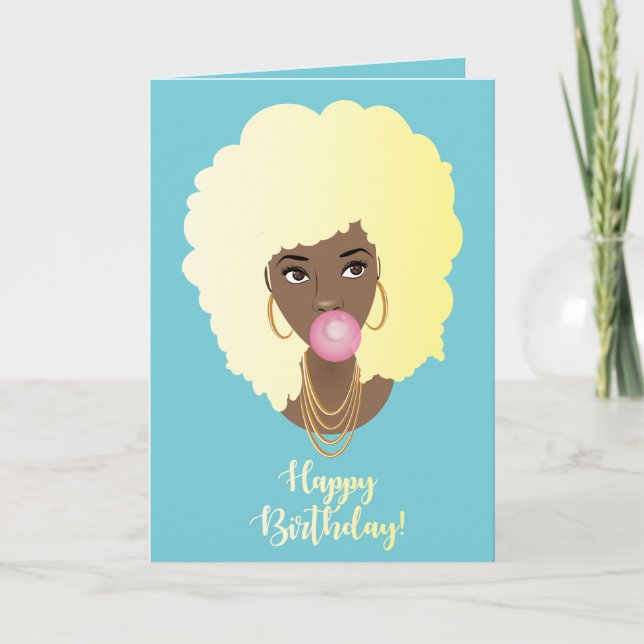 Cartão Feliz aniversário! Mulher Negra, Loira Afro Bubleg (Frente)