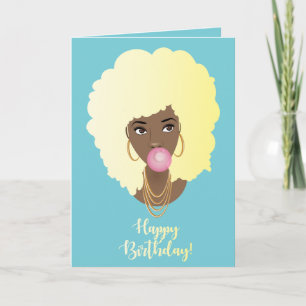 Cartão Feliz aniversário! Mulher Negra, Loira Afro Bubleg
