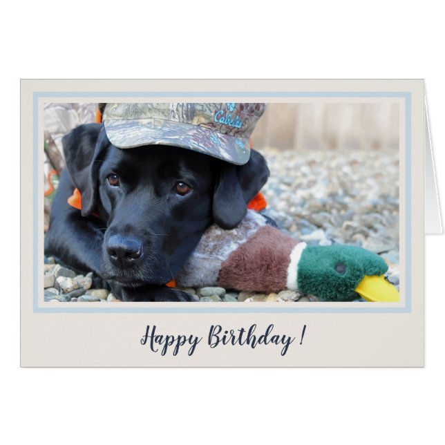 Cartão Feliz Aniversário Negro Labrador Cute Duck Dog - (Frente Horizontal)