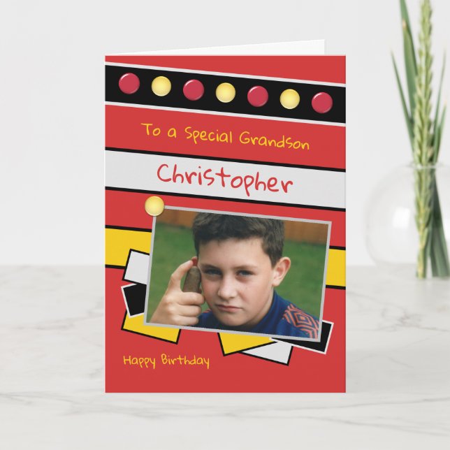 Cartão Feliz Aniversário, neto vermelho e preto (Frente)