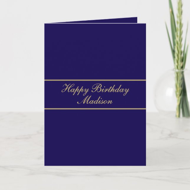 Cartão Feliz Aniversário Nome em Script Azul Dourado (Frente)