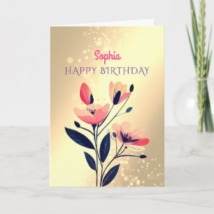 Cartão Feliz Aniversário, Nome, Flores em Ouro
