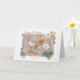 Cartão Feliz Aniversário Nome Personalizado Aquarela Flor