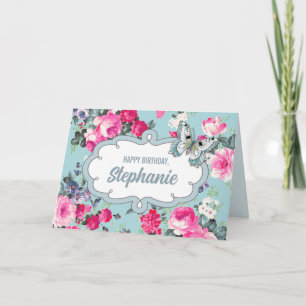 Cartão Feliz aniversário. Nome personalizado Flores e