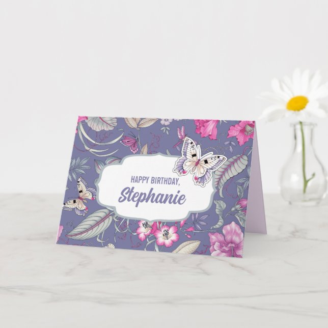 Cartão Feliz aniversário. Nome personalizado | Flores e b (Planta pequena)