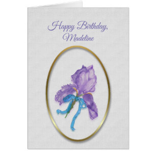 Cartão Feliz aniversário, (nome personalizado) Roxo Iris