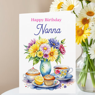 Cartão Feliz Aniversário Nonna   Flores e Bolinhos