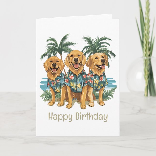Cartão Feliz Aniversário Ouro Retriever Cães Havaianos (Frente)