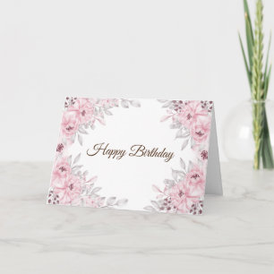 Cartão Feliz Aniversário Pastel Pink Watercolor Flowers