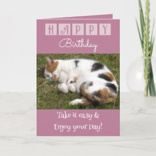 Cartão Feliz Aniversário, pegue leve foto de gato rosa