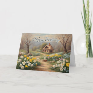 Cartão Feliz aniversário - Pequena Cabina e Primavera Jar