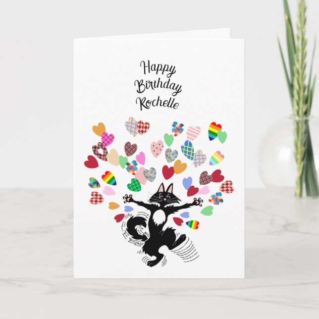 Cartão feliz aniversário personalizado com gato e coração (Frente)