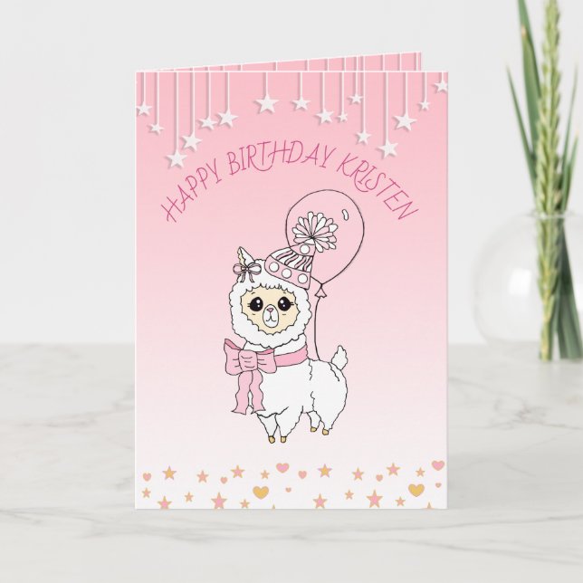 Cartão Feliz Aniversário Personalizado da Menina Llama Ro (Frente)