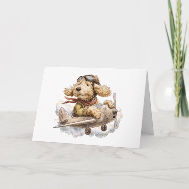 Cartão Feliz Aniversário Piloto Cachorro Goldendoododle (Frente)