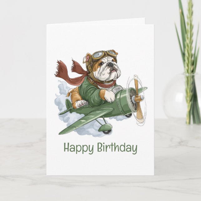 Cartão Feliz Aniversário Piloto de Buldogue Inglês (Frente)