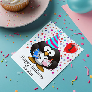 Cartão Feliz Aniversário Pinguins Crianças de 1 Ano de Id