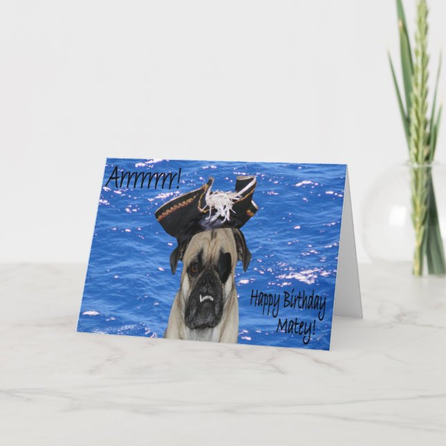 Cartão Feliz Aniversário Pirata Pug (Frente)
