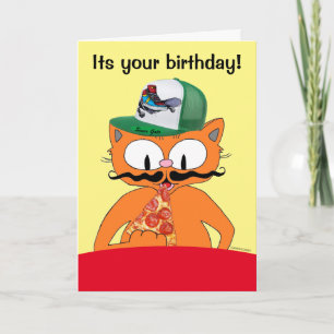 Cartão Feliz Aniversário Pizza Festa Desenho Animado Gato