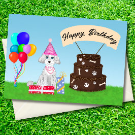 Cartão Feliz Aniversário Poodle com Bolo de Aniversário